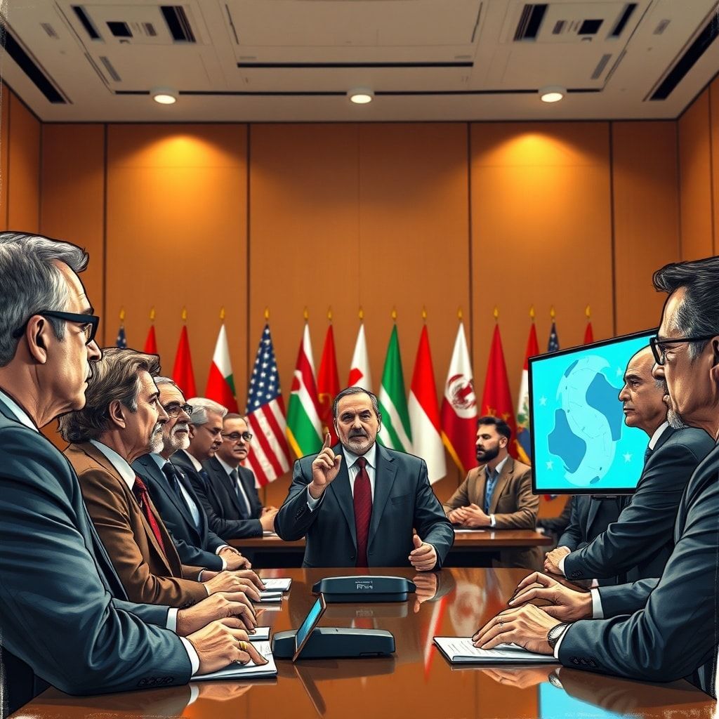 A diverse group of world leaders and AI experts in a large, modern conference room, serious and focused expressions, presenting on holographic screens, with flags of various nations in the background, warm natural light, cinematic atmosphere, ultra realistic, highly detailed, 8k quality, photorealistic