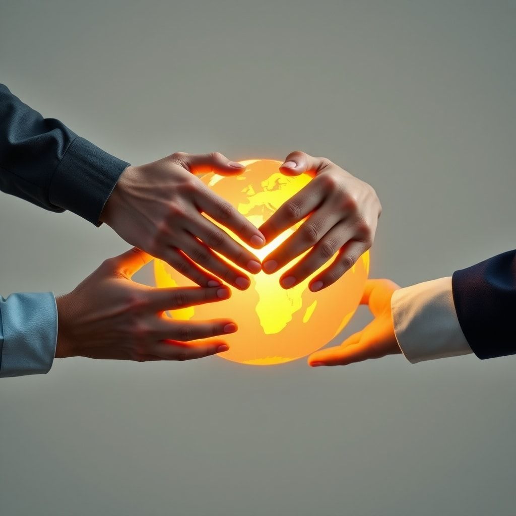 global - Hands from different nations (represented by subtle flag colors on sleeves) interlocking over a glowing, stylized gl