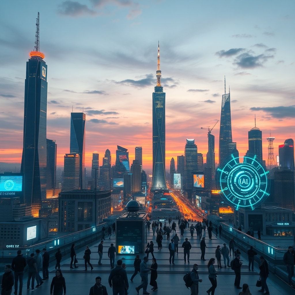 global - Futuristic city skyline at dusk, integrated with holographic AI interfaces and smart infrastructure, clean energy, d