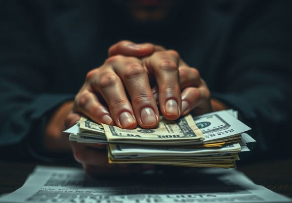 A person's hands are clasped over a stack of money and legal documents, with a blurred background of a somber, worried face. The scene is dimly lit, emphasizing the secrecy and weight of a financial dilemma. The image captures a sense of ethical conflict and hidden actions, representing 'Aita Secretly Using' vulnerable resources. Dark, muted colors, realistic, cinematic atmosphere.