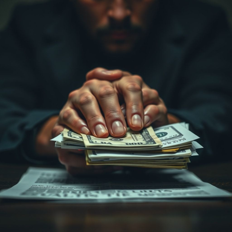 A person's hands are clasped over a stack of money and legal documents, with a blurred background of a somber, worried face. The scene is dimly lit, emphasizing the secrecy and weight of a financial dilemma. The image captures a sense of ethical conflict and hidden actions, representing 'Aita Secretly Using' vulnerable resources. Dark, muted colors, realistic, cinematic atmosphere.