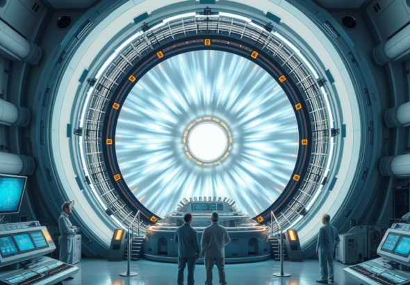 A futuristic commercial-scale fusion reactor glowing with soft blue and white plasma inside a massive, sleek containment vessel, surrounded by advanced control panels and engineers observing with awe. The environment is clean, high-tech, and brightly lit, conveying a sense of monumental scientific achievement and hope for the future, cinematic, ultra realistic, highly detailed, 8k quality, photorealistic