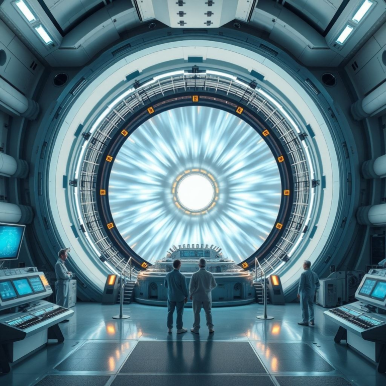 A futuristic commercial-scale fusion reactor glowing with soft blue and white plasma inside a massive, sleek containment vessel, surrounded by advanced control panels and engineers observing with awe. The environment is clean, high-tech, and brightly lit, conveying a sense of monumental scientific achievement and hope for the future, cinematic, ultra realistic, highly detailed, 8k quality, photorealistic