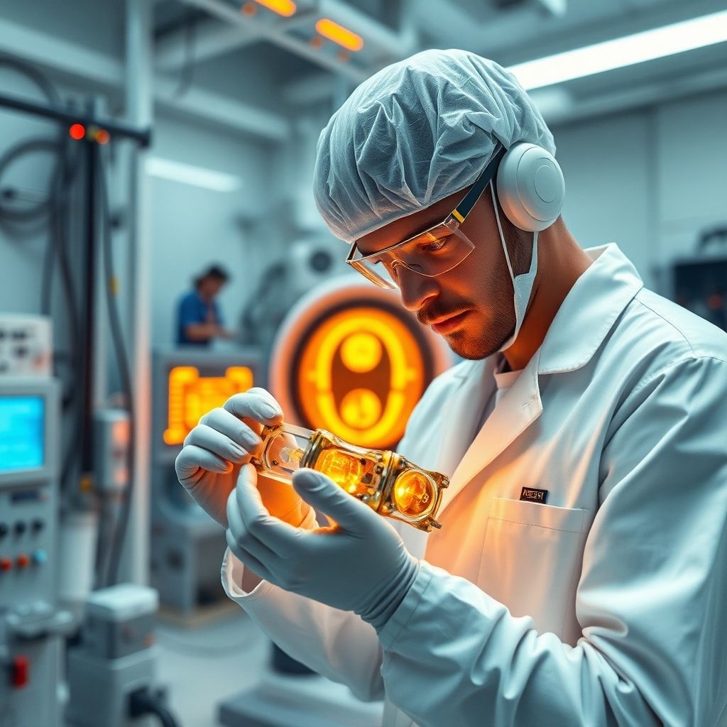 first - An engineer in a cleanroom examining advanced, heat-resistant materials, perhaps a component for a fusion reactor. Th