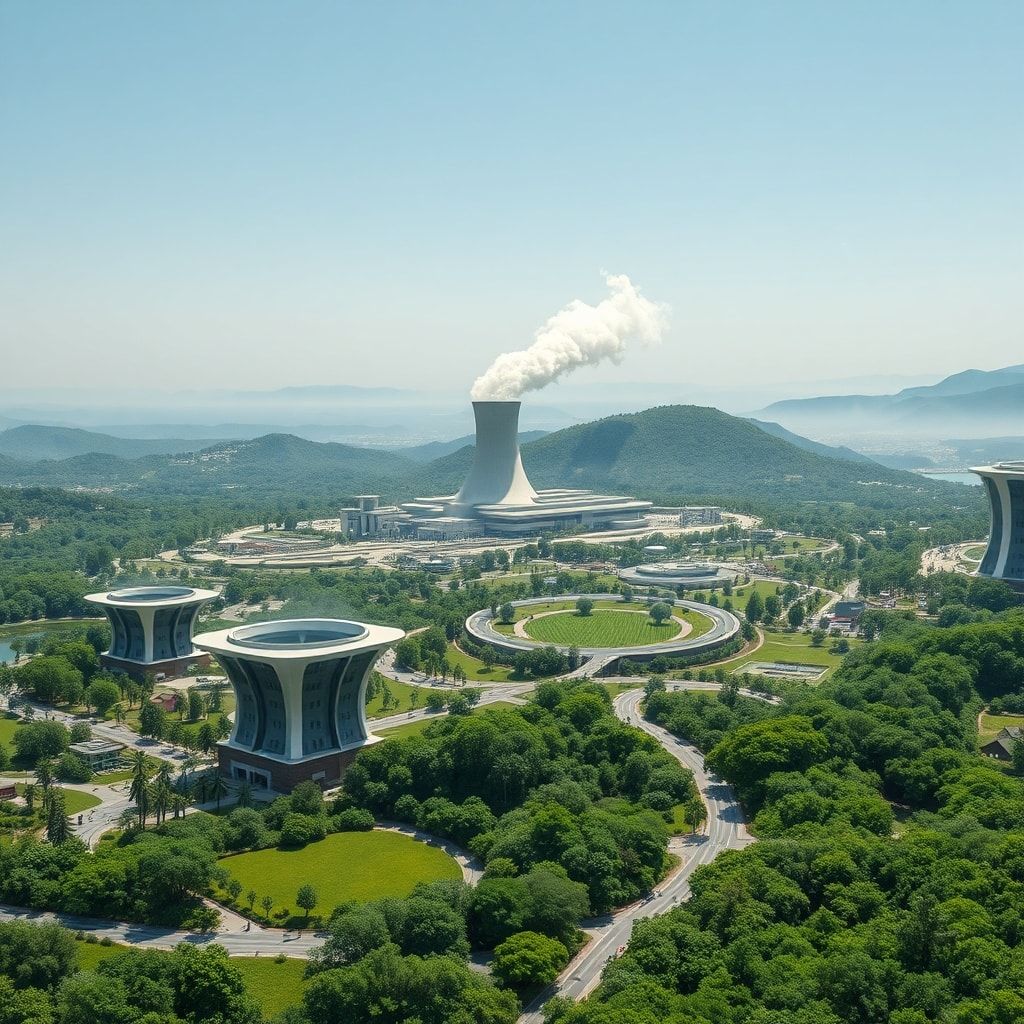 first - A lush, green futuristic city powered by clean energy, with sleek buildings and abundant natural landscapes. A fusion