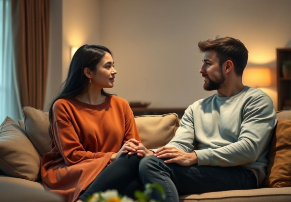 A young couple sitting on a sofa in a warmly lit living room, engaged in a serious but loving conversation, hands clasped, looking into each other's eyes. The room has soft lighting, comfortable furniture, and a sense of intimacy and trust. Cinematic atmosphere, ultra realistic, highly detailed, 8k quality, photorealistic