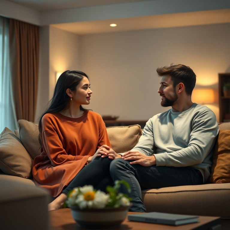 A young couple sitting on a sofa in a warmly lit living room, engaged in a serious but loving conversation, hands clasped, looking into each other's eyes. The room has soft lighting, comfortable furniture, and a sense of intimacy and trust. Cinematic atmosphere, ultra realistic, highly detailed, 8k quality, photorealistic