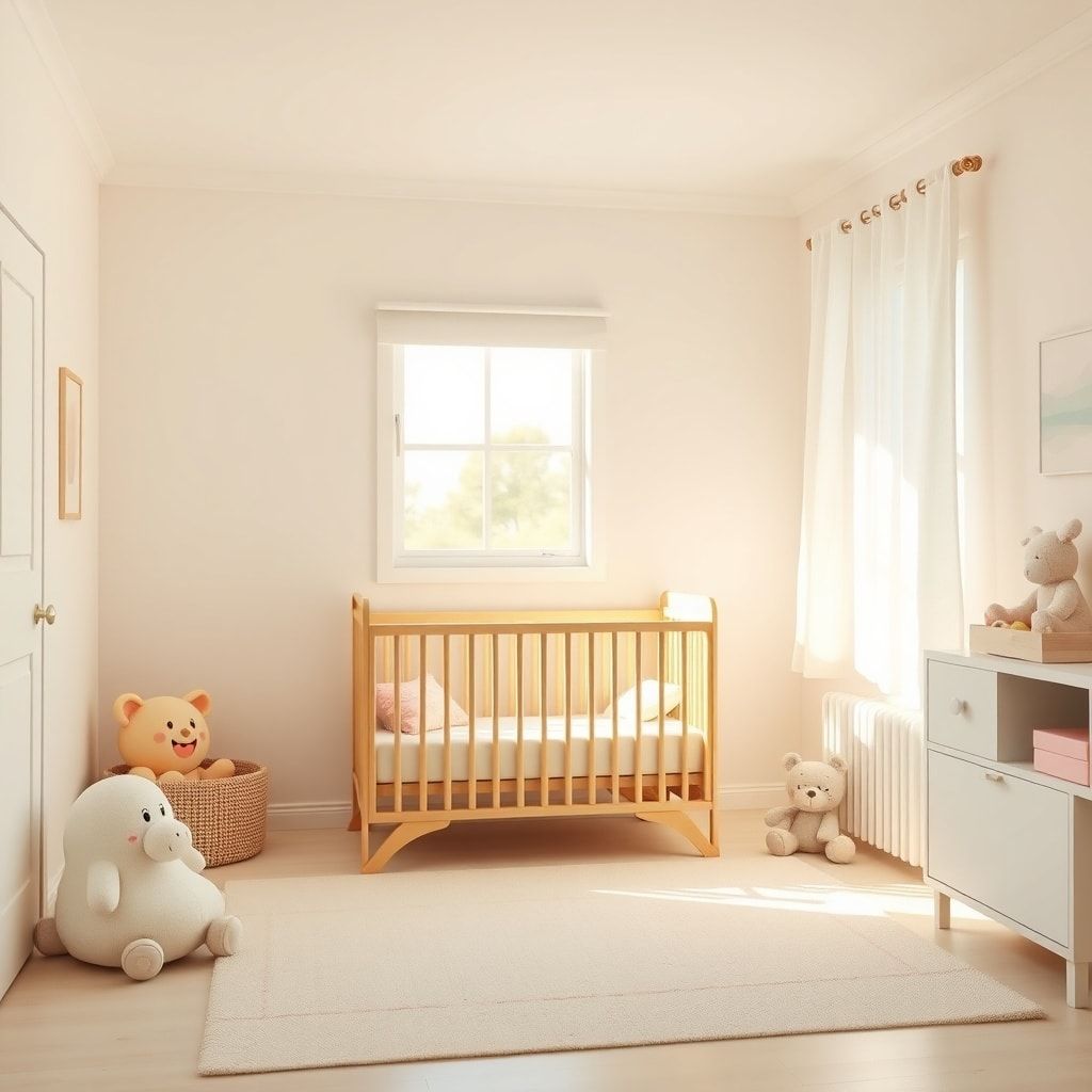 fiancs - A bright, airy, and minimalist nursery room with soft pastel colors, natural light streaming through a window, a sim
