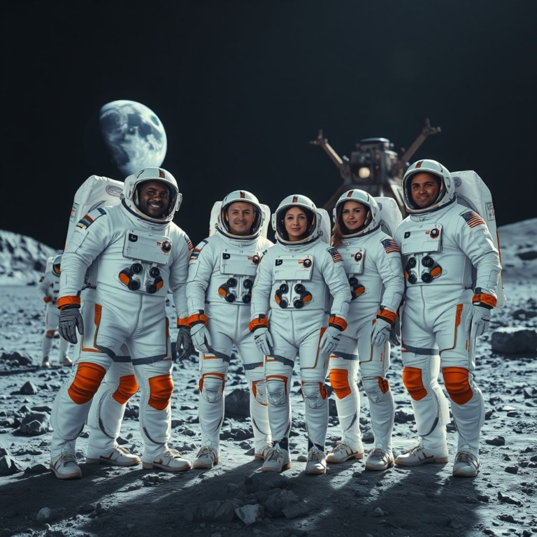 A diverse group of astronauts, two men and two women, in modern white spacesuits with orange accents, standing confidently on a rocky lunar surface with the Earth visible in the dark sky above, a futuristic lunar lander partially visible in the background, high-resolution, inspirational, cinematic lighting, 8k quality, photorealistic