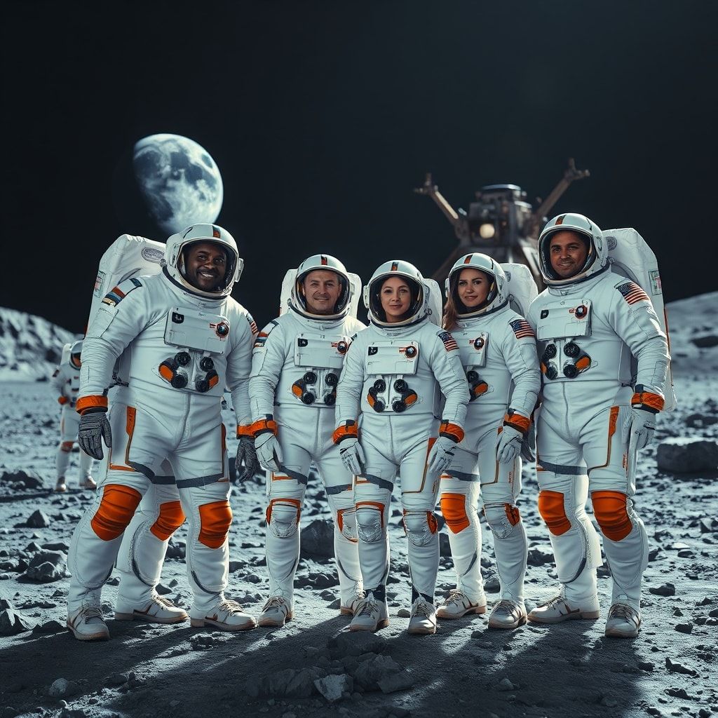 A diverse group of astronauts, two men and two women, in modern white spacesuits with orange accents, standing confidently on a rocky lunar surface with the Earth visible in the dark sky above, a futuristic lunar lander partially visible in the background, high-resolution, inspirational, cinematic lighting, 8k quality, photorealistic
