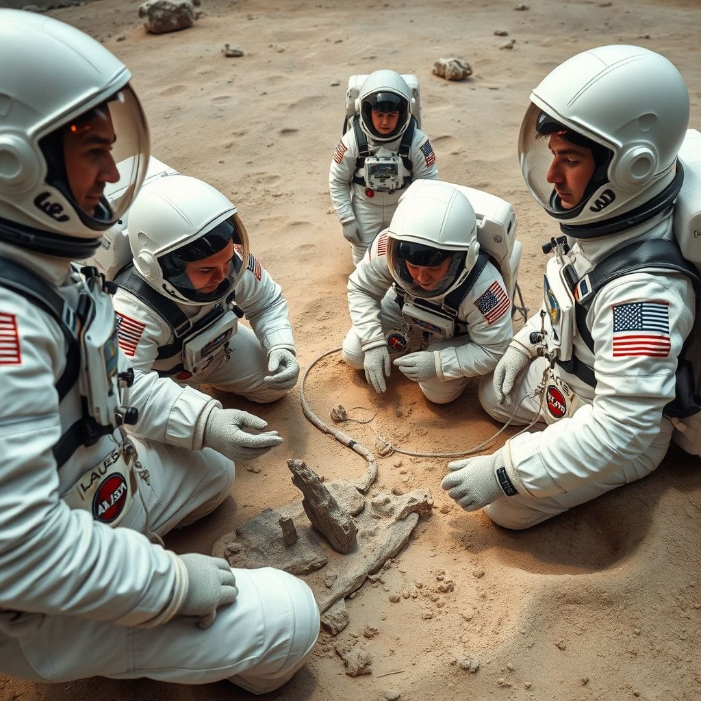 artemis - Astronauts in training, wearing spacesuits, practicing geological sample collection in a simulated lunar environmen