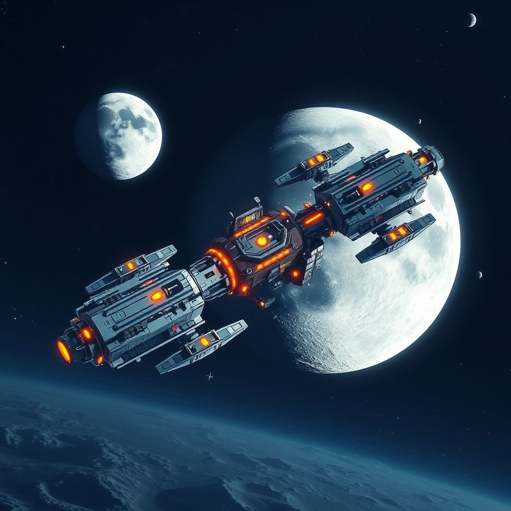 artemis - A vibrant, futuristic space station (Lunar Gateway) orbiting the Moon, with multiple international modules docked,