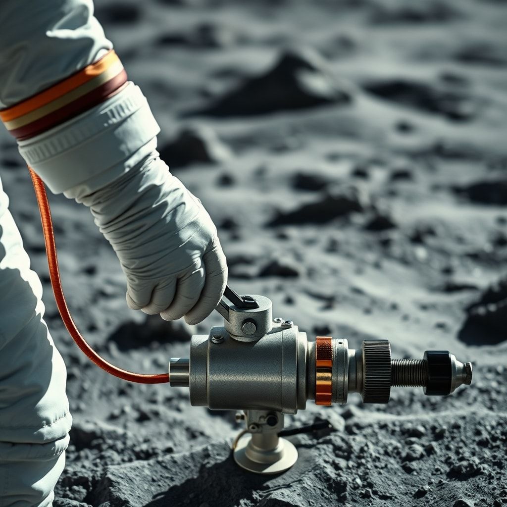 artemis - A close-up of an astronaut's gloved hand interacting with scientific equipment on the lunar surface, showing fine d
