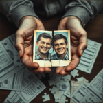 A person's hands holding a shattered photograph of two smiling brothers, with financial documents scattered around, conveying a sense of betrayal and broken trust, muted colors, dramatic lighting, ultra realistic, highly detailed, 8k quality, photorealistic
