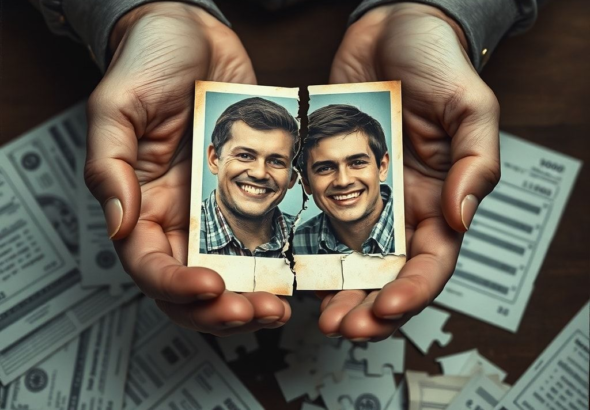 A person's hands holding a shattered photograph of two smiling brothers, with financial documents scattered around, conveying a sense of betrayal and broken trust, muted colors, dramatic lighting, ultra realistic, highly detailed, 8k quality, photorealistic