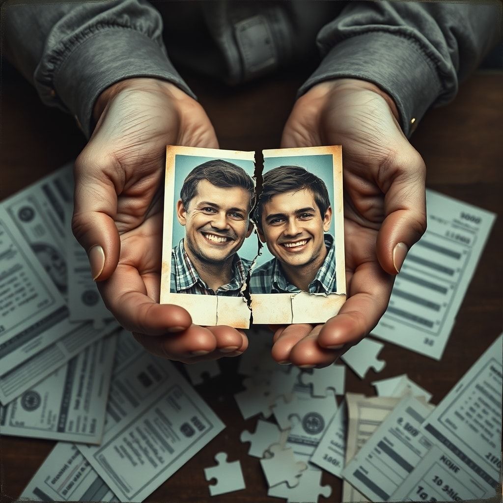 A person's hands holding a shattered photograph of two smiling brothers, with financial documents scattered around, conveying a sense of betrayal and broken trust, muted colors, dramatic lighting, ultra realistic, highly detailed, 8k quality, photorealistic