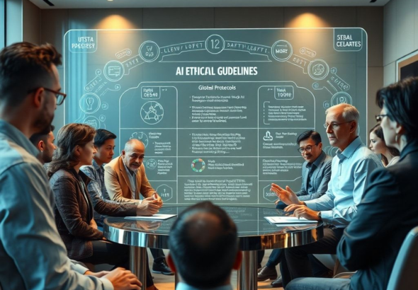 Diverse group of international delegates from various nations collaborating around a large holographic display showing AI ethical guidelines and safety protocols, representing global cooperation. The room is modern, with natural light and a sense of shared purpose. High-tech, futuristic, detailed, cinematic lighting, 8k quality, photorealistic