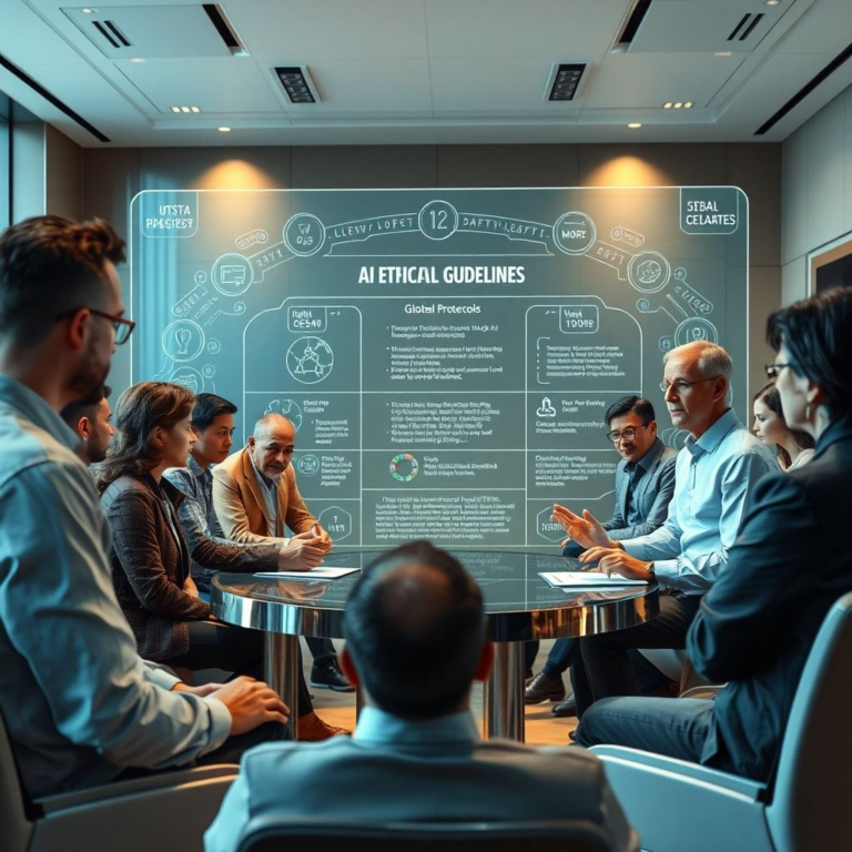 Diverse group of international delegates from various nations collaborating around a large holographic display showing AI ethical guidelines and safety protocols, representing global cooperation. The room is modern, with natural light and a sense of shared purpose. High-tech, futuristic, detailed, cinematic lighting, 8k quality, photorealistic