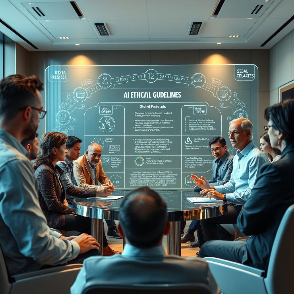 Diverse group of international delegates from various nations collaborating around a large holographic display showing AI ethical guidelines and safety protocols, representing global cooperation. The room is modern, with natural light and a sense of shared purpose. High-tech, futuristic, detailed, cinematic lighting, 8k quality, photorealistic