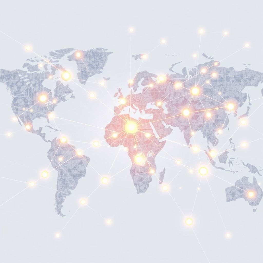 Illustration of a complex web of interconnected digital nodes and lines, symbolizing global data flow and AI networks. The no