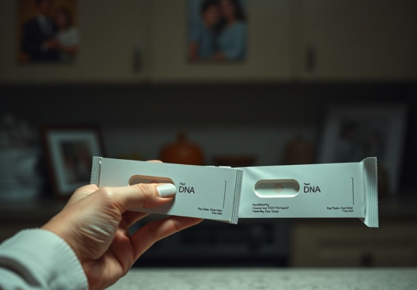A woman's hand trembles slightly as she holds two identical DNA test kits, one open, one sealed, on a kitchen counter. The scene is dimly lit, reflecting a sense of nervous tension and a difficult decision. There are blurred family photos in the background, suggesting the weight of family secrets. The mood is somber and reflective, with a focus on the ethical dilemma, ultra realistic, highly detailed, cinematic atmosphere, 8k quality, photorealistic