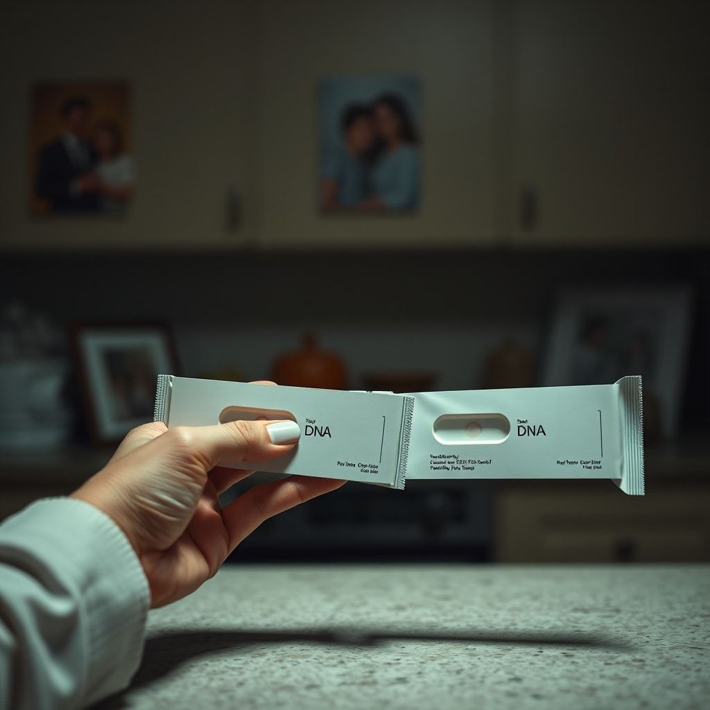 A woman's hand trembles slightly as she holds two identical DNA test kits, one open, one sealed, on a kitchen counter. The scene is dimly lit, reflecting a sense of nervous tension and a difficult decision. There are blurred family photos in the background, suggesting the weight of family secrets. The mood is somber and reflective, with a focus on the ethical dilemma, ultra realistic, highly detailed, cinematic atmosphere, 8k quality, photorealistic