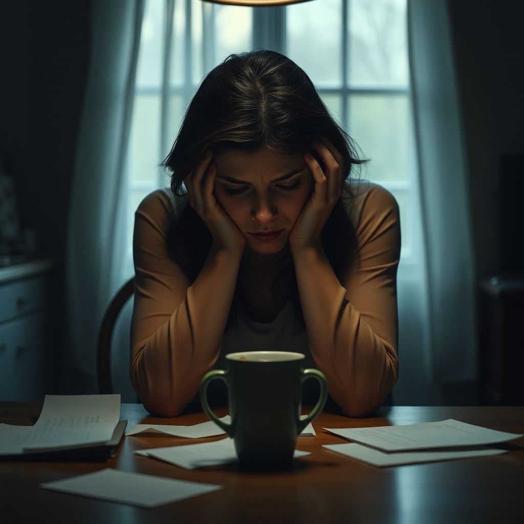 confession - A woman sits alone at a dimly lit kitchen table, head in hands, looking distraught. A half-empty coffee cup and