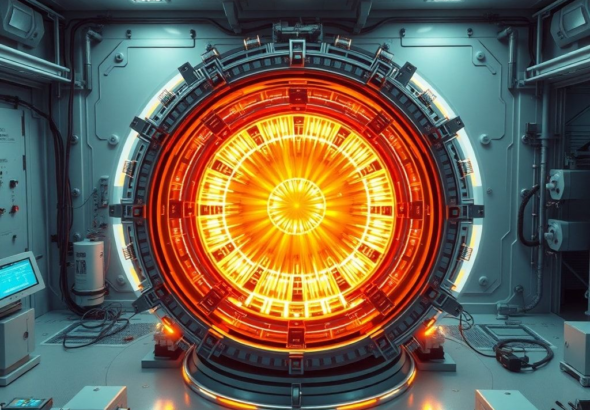 A futuristic fusion reactor core glowing intensely with superheated plasma, contained by powerful magnetic fields, surrounded by advanced scientific equipment in a clean laboratory setting, representing a scientific breakthrough in energy. High-tech, cinematic lighting, ultra-realistic, highly detailed, 8k quality, photorealistic