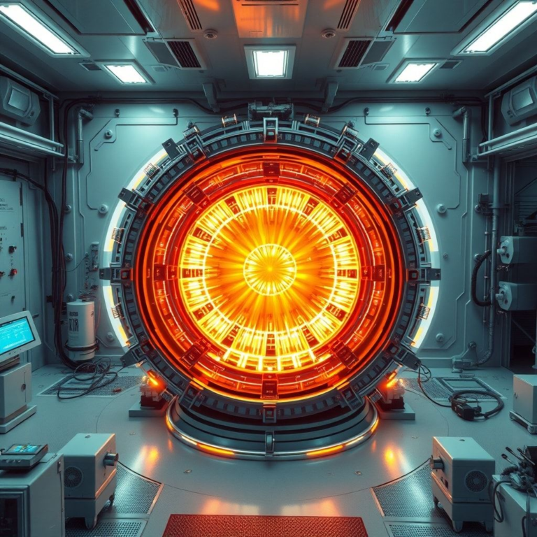 A futuristic fusion reactor core glowing intensely with superheated plasma, contained by powerful magnetic fields, surrounded by advanced scientific equipment in a clean laboratory setting, representing a scientific breakthrough in energy. High-tech, cinematic lighting, ultra-realistic, highly detailed, 8k quality, photorealistic