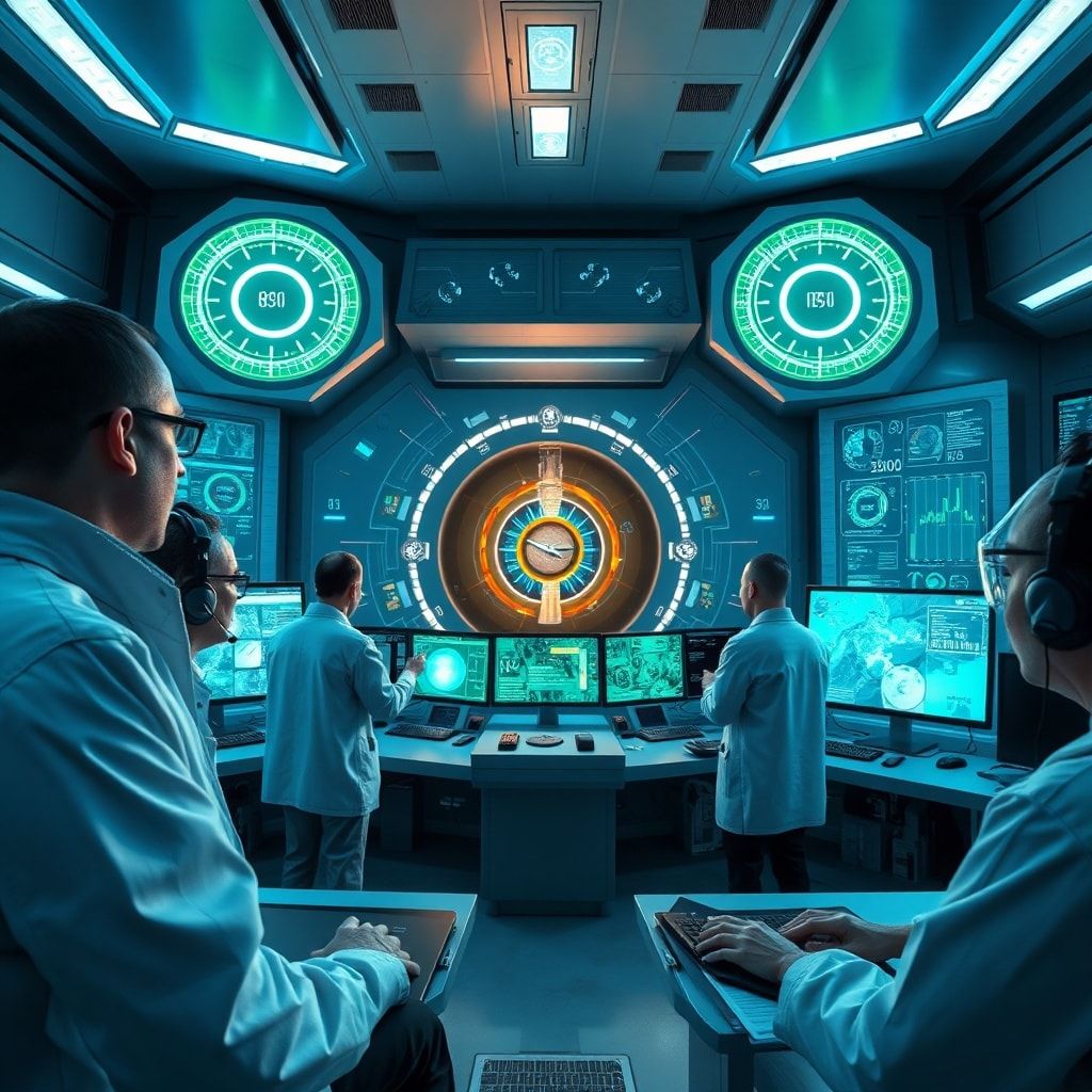 Scientists and engineers in a control room, monitoring holographic displays and complex data streams from a fusion reactor, c