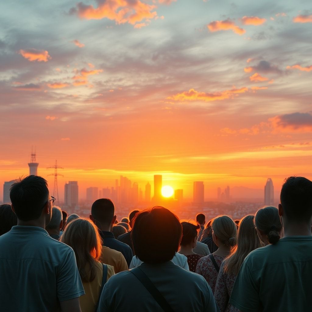 A diverse group of people from various backgrounds looking up at a vibrant, clean city skyline at sunset, powered by visible