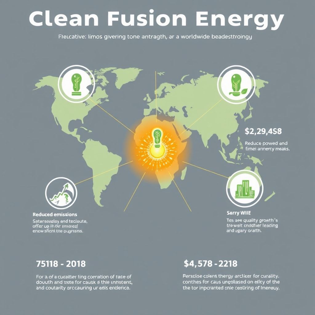 A stylized infographic depicting the global impact of clean fusion energy, showing interconnected continents powered by green