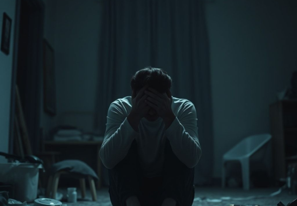 A person sitting alone in a dimly lit room, head in hands, looking overwhelmed and heartbroken. The room is slightly messy, reflecting emotional turmoil. Soft, muted colors, cinematic lighting, ultra realistic, highly detailed, 8k quality, photorealistic