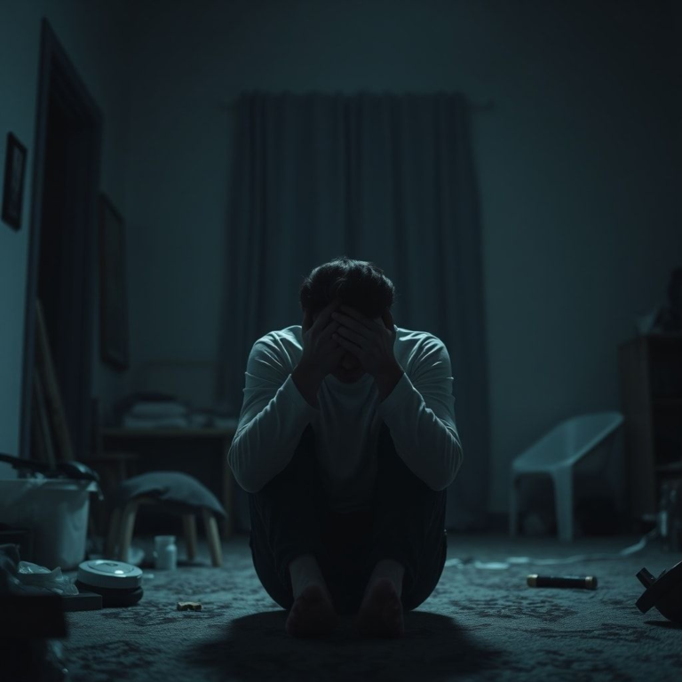 A person sitting alone in a dimly lit room, head in hands, looking overwhelmed and heartbroken. The room is slightly messy, reflecting emotional turmoil. Soft, muted colors, cinematic lighting, ultra realistic, highly detailed, 8k quality, photorealistic