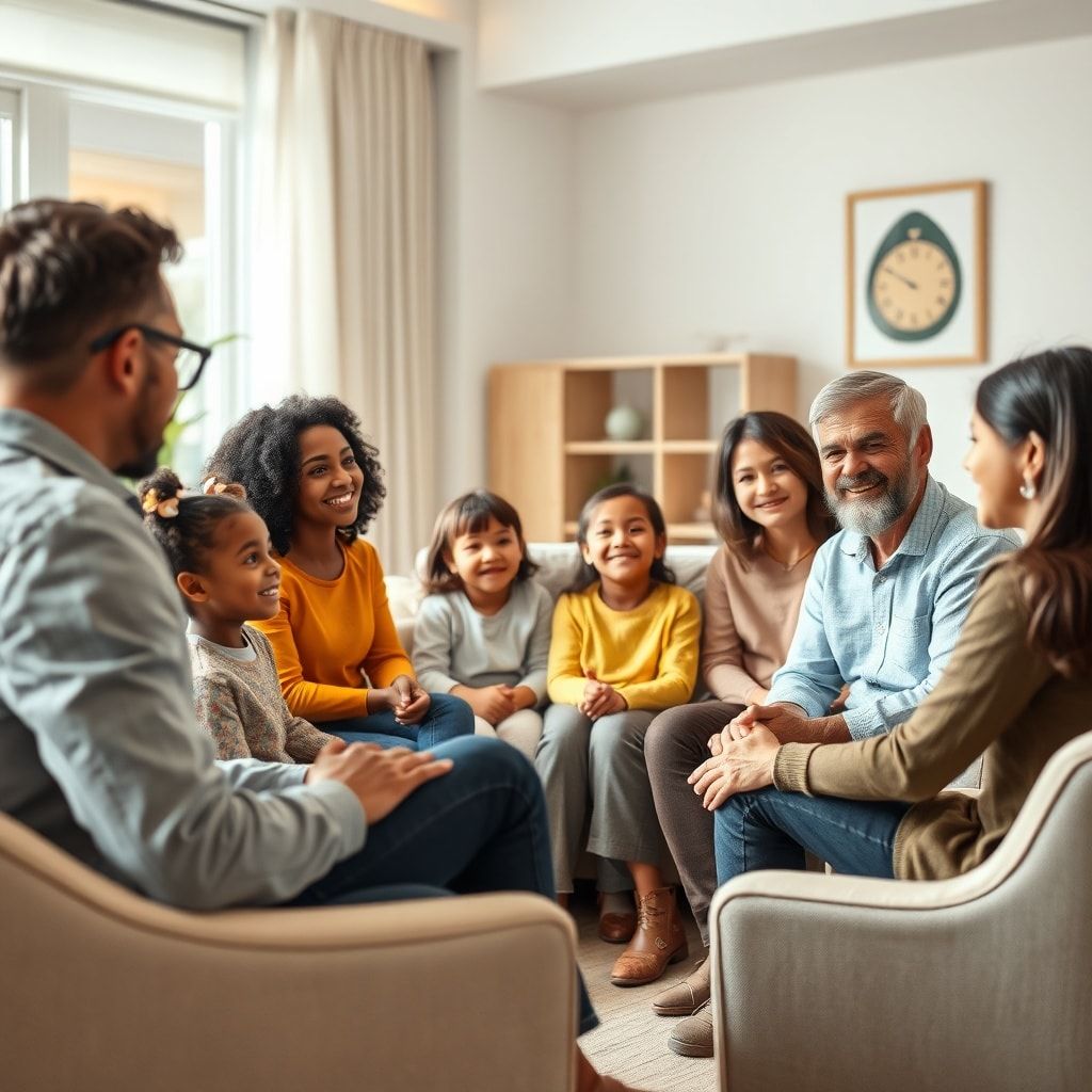 partner - A diverse group of people (adults and children) sitting in a modern, brightly lit family therapy room, engaged in a