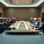 A diverse group of global leaders, including presidents, prime ministers, and tech CEOs, shaking hands around a large, futuristic conference table in a modern, sunlit summit hall, representing international cooperation on AI. The mood is optimistic and determined. Cinematic lighting, ultra realistic, highly detailed, 8k quality, photorealistic