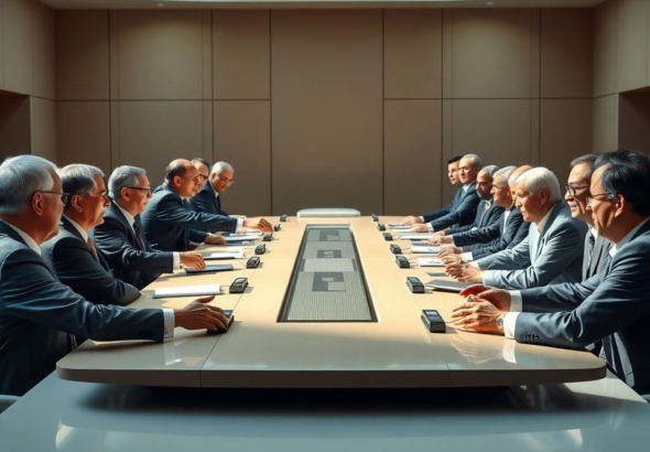 A diverse group of global leaders, including presidents, prime ministers, and tech CEOs, shaking hands around a large, futuristic conference table in a modern, sunlit summit hall, representing international cooperation on AI. The mood is optimistic and determined. Cinematic lighting, ultra realistic, highly detailed, 8k quality, photorealistic