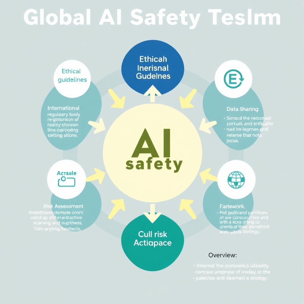 A detailed infographic showing the interconnected components of a global AI safety treaty: ethical guidelines, international