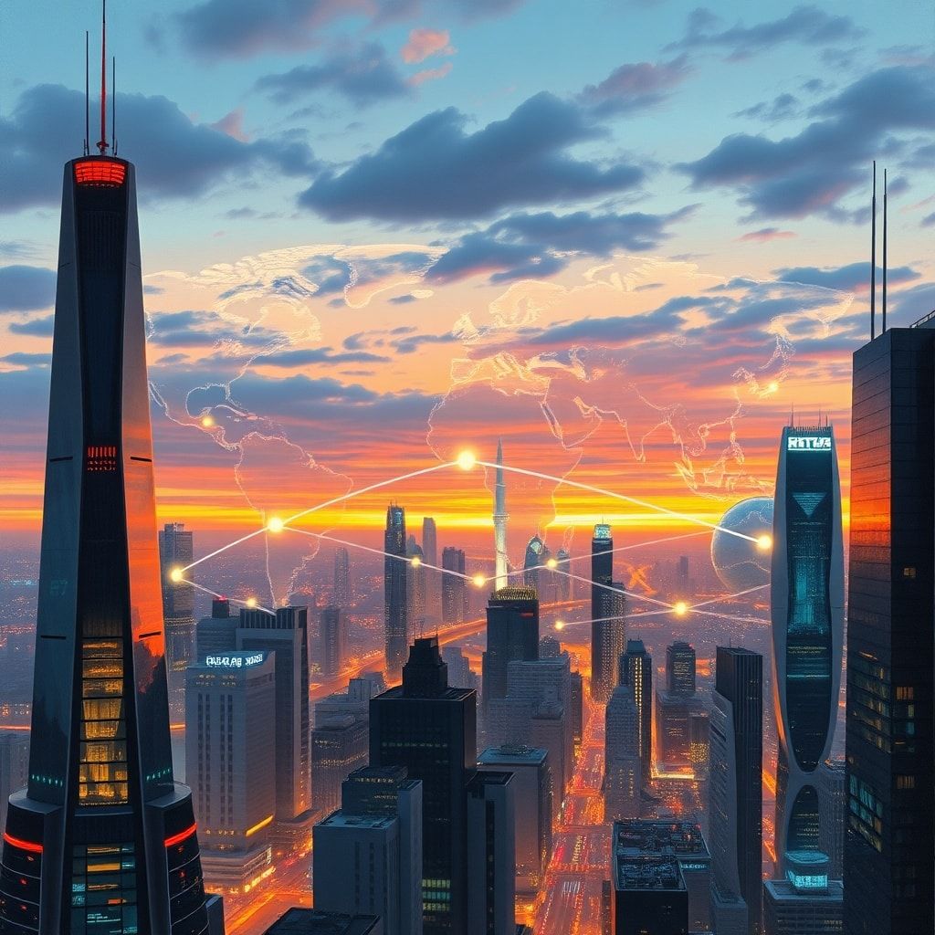 A futuristic cityscape at dusk, with glowing data streams connecting various continents, symbolizing global AI collaboration