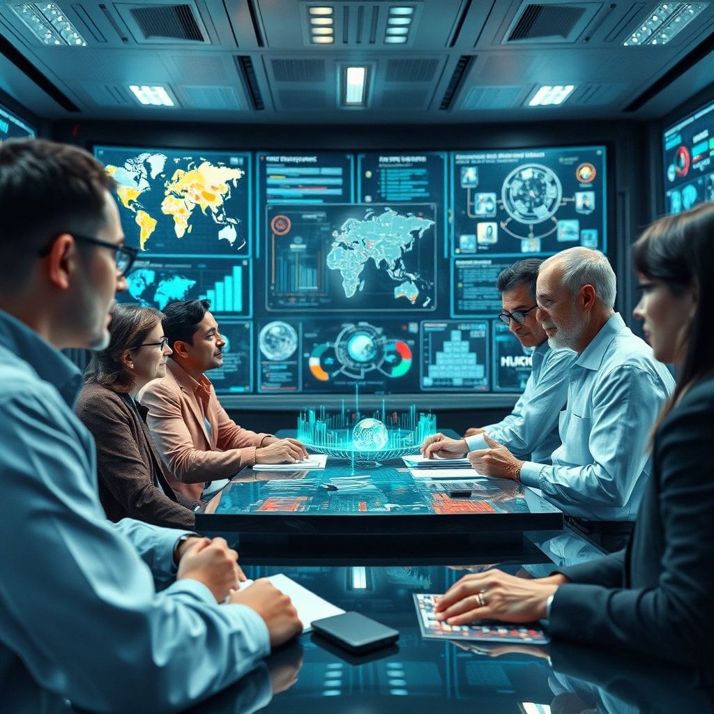 global - A diverse group of international researchers and policymakers collaboratively analyzing complex data visualizations