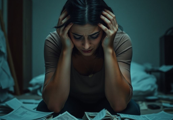 A woman sitting alone in a dimly lit room, holding her head in her hands, surrounded by scattered bills and official-looking documents. Her expression is one of deep despair and overwhelm, with tears silently streaming down her face. The atmosphere is heavy with sorrow and financial distress. The room is slightly messy, suggesting a prolonged period of struggle. Soft, cool lighting emphasizes the somber mood, cinematic, highly detailed, photorealistic, 8k quality.