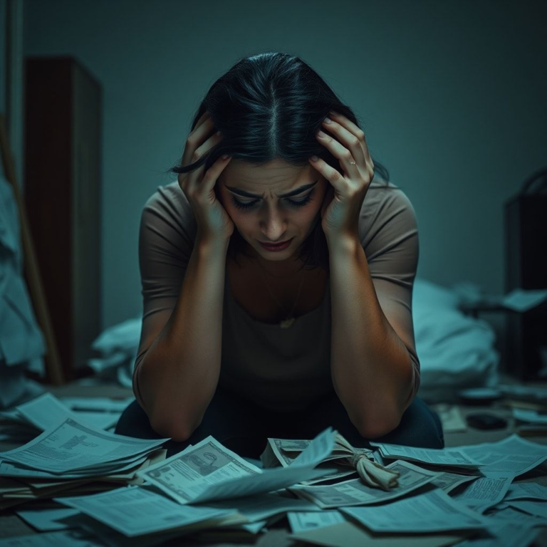A woman sitting alone in a dimly lit room, holding her head in her hands, surrounded by scattered bills and official-looking documents. Her expression is one of deep despair and overwhelm, with tears silently streaming down her face. The atmosphere is heavy with sorrow and financial distress. The room is slightly messy, suggesting a prolonged period of struggle. Soft, cool lighting emphasizes the somber mood, cinematic, highly detailed, photorealistic, 8k quality.