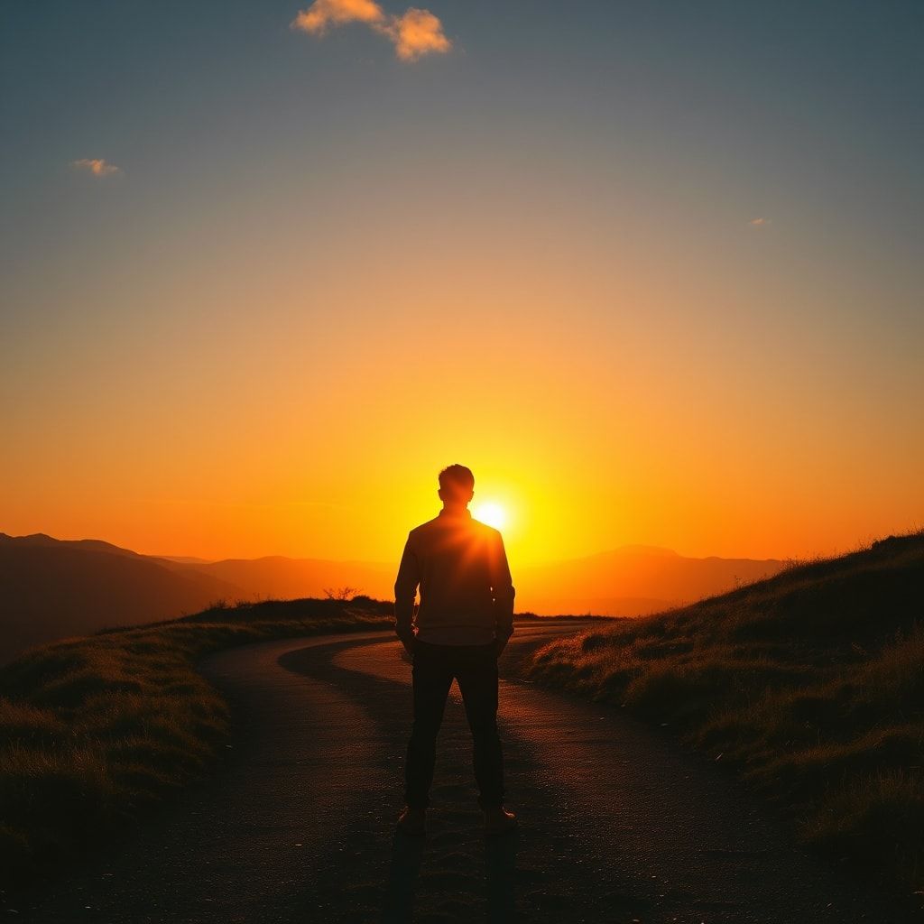 power - A person standing at a crossroads at sunset, looking towards a bright, hopeful horizon. The person's silhouette is st