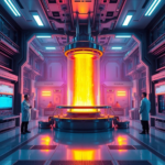 a vibrant, futuristic fusion energy reactor glowing with plasma, surrounded by sleek, modern control panels in a high-tech facility, engineers in lab coats observing, warm blue and purple light emanating, detailed industrial design, cinematic, ultra realistic, 8k quality, photorealistic