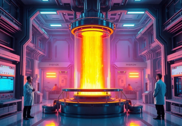 a vibrant, futuristic fusion energy reactor glowing with plasma, surrounded by sleek, modern control panels in a high-tech facility, engineers in lab coats observing, warm blue and purple light emanating, detailed industrial design, cinematic, ultra realistic, 8k quality, photorealistic