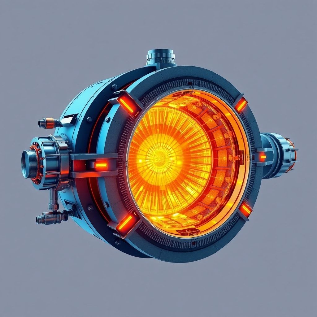 a detailed cutaway diagram of a tokamak fusion reactor, showing the superheated plasma contained by magnetic fields, coils gl