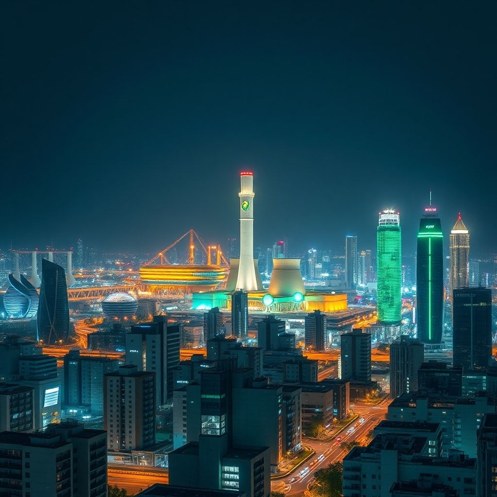 a vibrant, futuristic cityscape at night, illuminated by clean, glowing energy provided by a prominent fusion power plant in