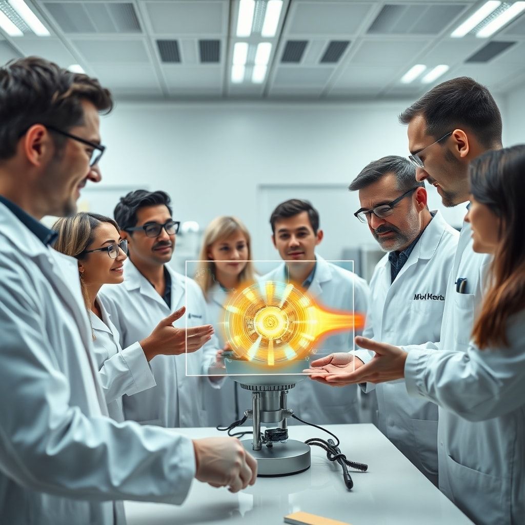 a diverse group of scientists and engineers, both young and experienced, collaborating in a modern, brightly lit research lab
