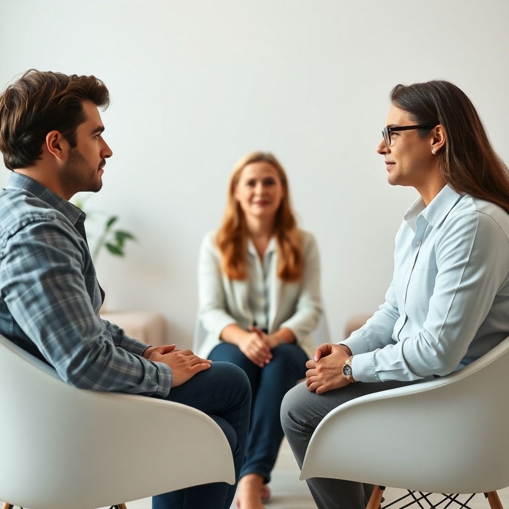 partner - A couple sits opposite each other in a clean, modern therapy office, a compassionate female therapist in the middle