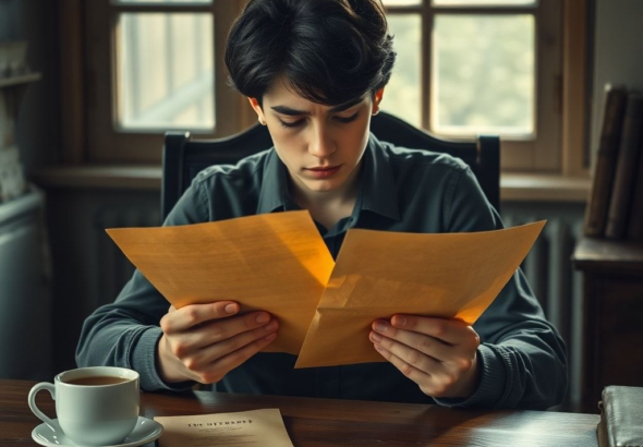 a person sitting alone at a wooden desk, holding old, yellowed letters, with a pensive and conflicted expression, soft morning light filtering through a window, a cup of tea nearby, vintage study aesthetic, muted colors, highly detailed, emotional depth